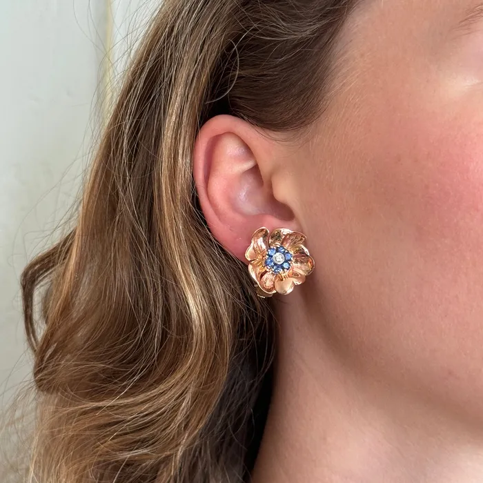 Croghans Earrings Vintage Sapphire Diamond 14K Rose Gold Flower Earrings
