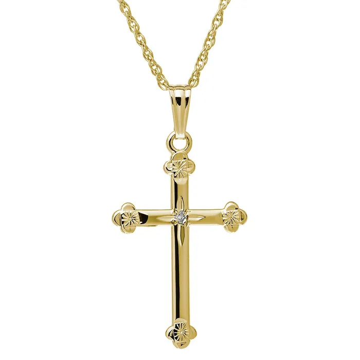 Diamond 14K Yellow Gold Budded Cross Pendant Necklace Croghans Necklaces