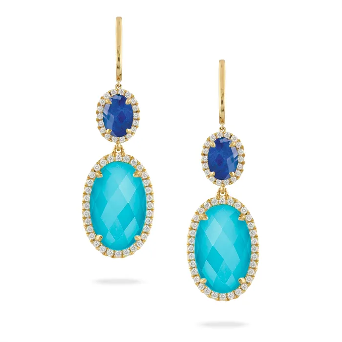 Doves 18K Yellow Gold Clear Quartz over Turquoise and Clear Quartz over Lapis Diamond Dangle Earrings Doves Earrings Doves 18K Yellow Gold Clear Quartz over Turquoise and Clear Quartz over Lapis Diamond Dangle Earrings Doves Earrings