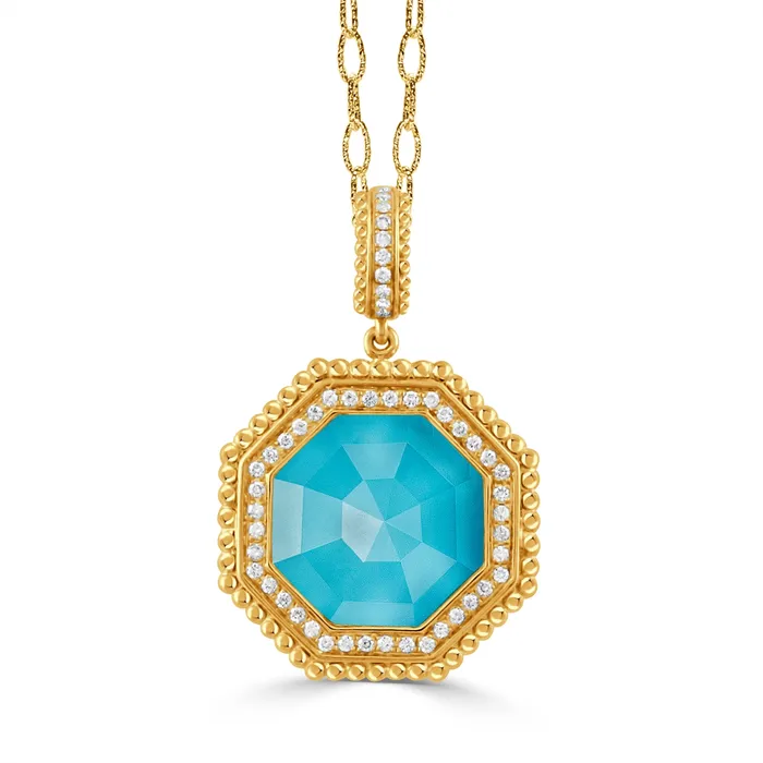 Doves 18K Yellow Gold Step Cut Clear Quartz over Turquoise and Diamond Pendant Doves PreStyled Sets Doves 18K Yellow Gold Step Cut Clear Quartz over Turquoise and Diamond Pendant Doves PreStyled Sets