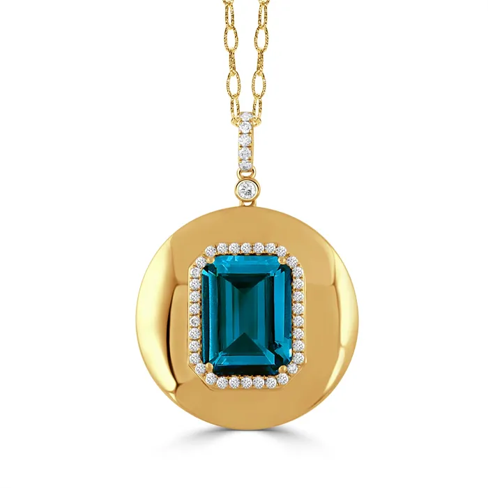 Doves PreStyled Sets Doves 18K Yellow Gold Round Disc Pendant with London Blue Topaz and Diamonds Doves PreStyled Sets Doves 18K Yellow Gold Round Disc Pendant with London Blue Topaz and Diamonds