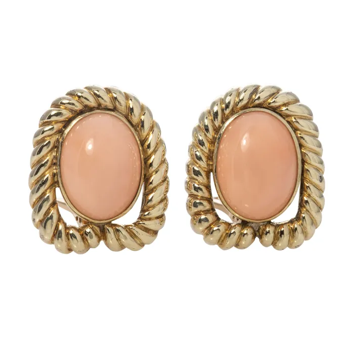 Earrings Croghans Estate Coral Cabochon 14K Gold Clip On Earrings