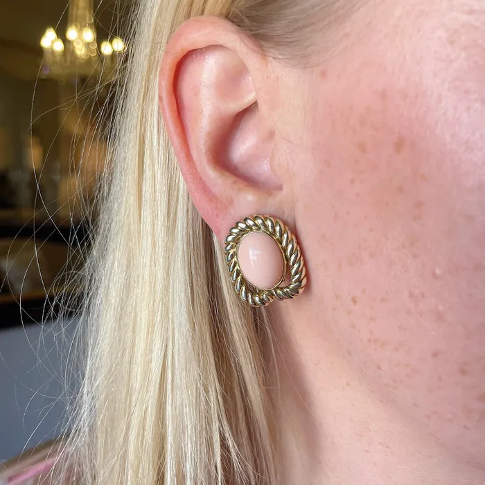 Earrings Croghans Estate Coral Cabochon 14K Gold Clip On Earrings