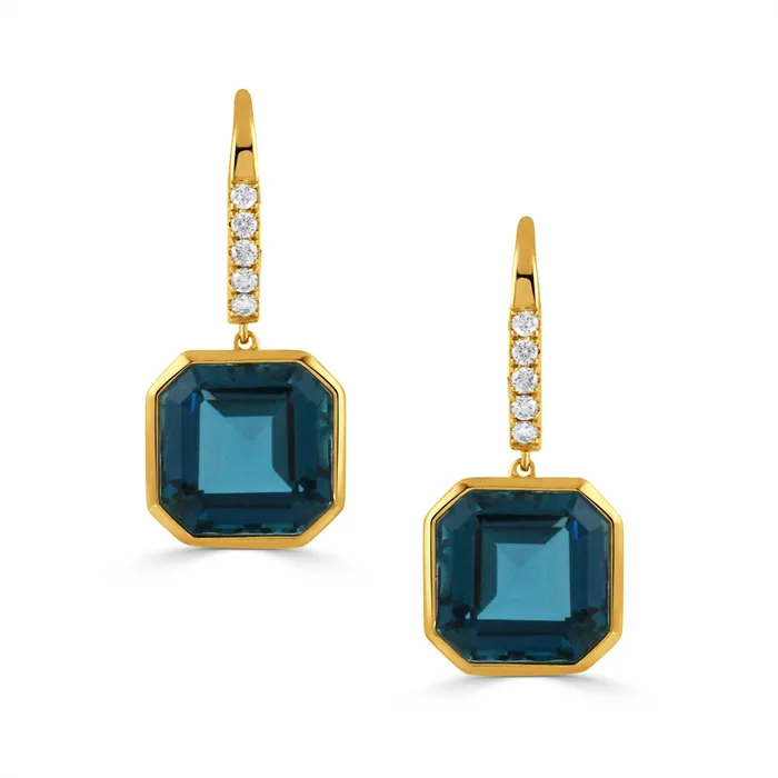 Earrings Doves Doves 18K Yellow Gold London Blue Topaz and Diamond Dangle Earrings Earrings Doves Doves 18K Yellow Gold London Blue Topaz and Diamond Dangle Earrings