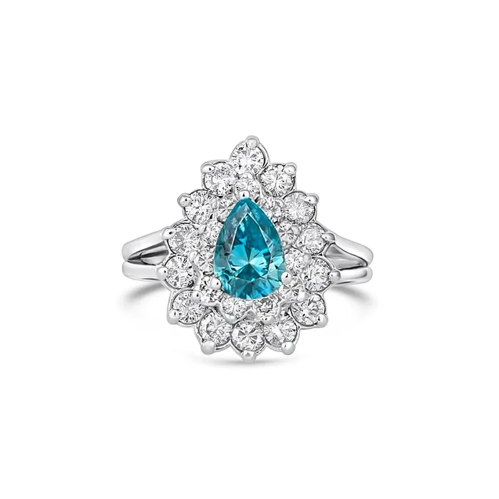 Engagement Collections Rings 14K White Gold Blue Topaz Ring Pear Double Halo Estate Engagement Collections Rings 14K White Gold Blue Topaz Ring Pear Double Halo Estate