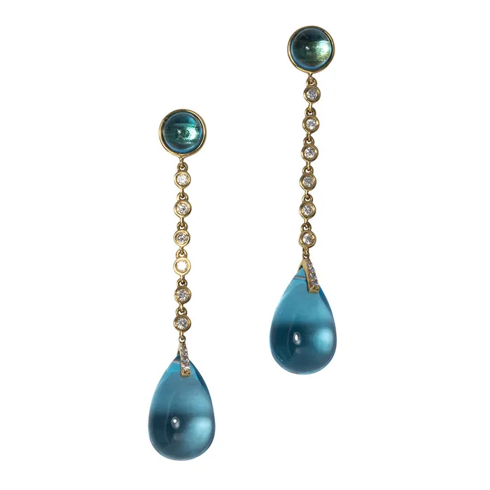 Goshwara Cabochon Blue Topaz Diamond 18K Gold Drop Earrings Goshwara Earrings Goshwara Cabochon Blue Topaz Diamond 18K Gold Drop Earrings Goshwara Earrings