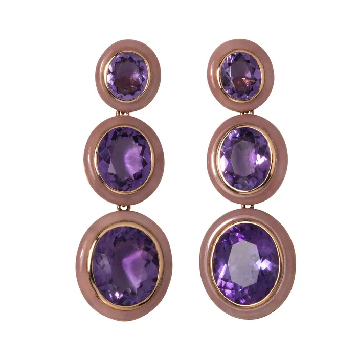 Goshwara Earrings Goshwara Oval Amethyst Pink Opal Inlay 18K Gold Drop Earrings Goshwara Earrings Goshwara Oval Amethyst Pink Opal Inlay 18K Gold Drop Earrings