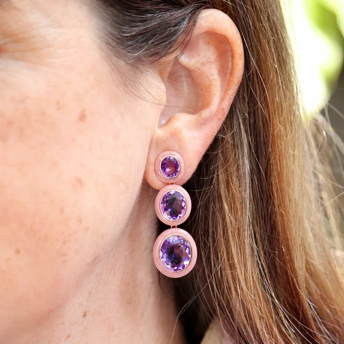 Goshwara Earrings Goshwara Oval Amethyst Pink Opal Inlay 18K Gold Drop Earrings