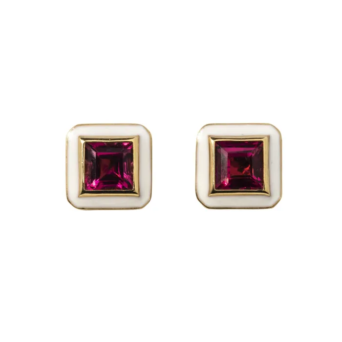 Goshwara Rubellite White Enamel 18K Gold Stud Earrings Goshwara Earrings