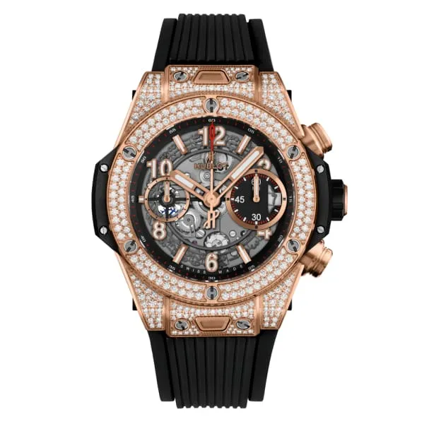 Hublot PreStyled Sets Hublot Big Bang Unico King Gold Pave 42mm Watch Ref 441OX1180RX1704 Skeleton Dial Diamond Bezel in 18K Rose Gold Diamond Case Black Lined Rubber Strap Hublot PreStyled Sets Hublot Big Bang Unico King Gold Pave 42mm Watch Ref 441OX1180RX1704 Skeleton Dial Diamond Bezel in 18K Rose Gold Diamond Case Black Lined Rubber Strap