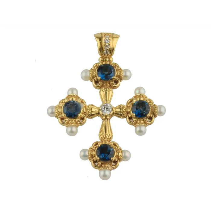 Konstantino Necklaces Konstantino Flamenco 18K Yellow Gold London Blue Topaz Pearl and Diamond Cross Pendant Konstantino Necklaces Konstantino Flamenco 18K Yellow Gold London Blue Topaz Pearl and Diamond Cross Pendant