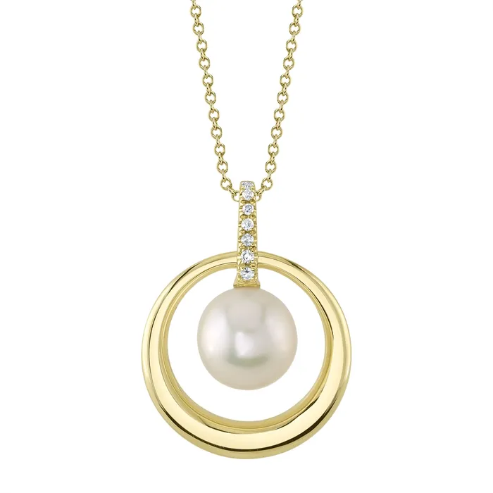 Meierotto Jewelers 14K Yellow Gold Circle Diamond and Cultured Pearl Pendant Necklace Necklaces Meierotto Jewelers 14K Yellow Gold Circle Diamond and Cultured Pearl Pendant Necklace Necklaces