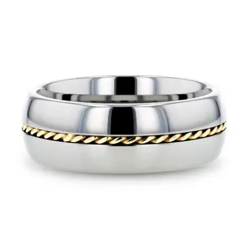 Mens Bands Rings Domed Tungsten 6mm Band with 14K Yellow Gold Braided Inlay