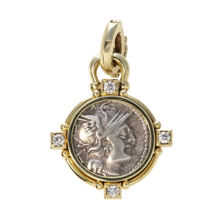 Necklaces Mazza Mazza Silver Anicient Roman Coin Diamond 14K Gold Pendant