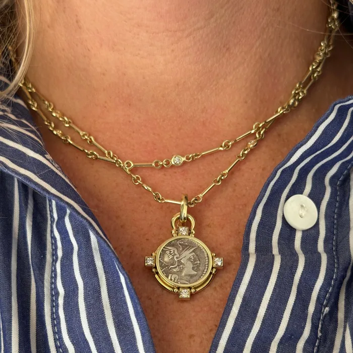 Necklaces Mazza Mazza Silver Anicient Roman Coin Diamond 14K Gold Pendant