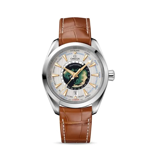 Omega Omega Seamaster Worldtimer 43mm Watch Ref 22093432299001 Grey Index Dial in Platinum Case Brown Leather Strap Watches Omega Omega Seamaster Worldtimer 43mm Watch Ref 22093432299001 Grey Index Dial in Platinum Case Brown Leather Strap Watches