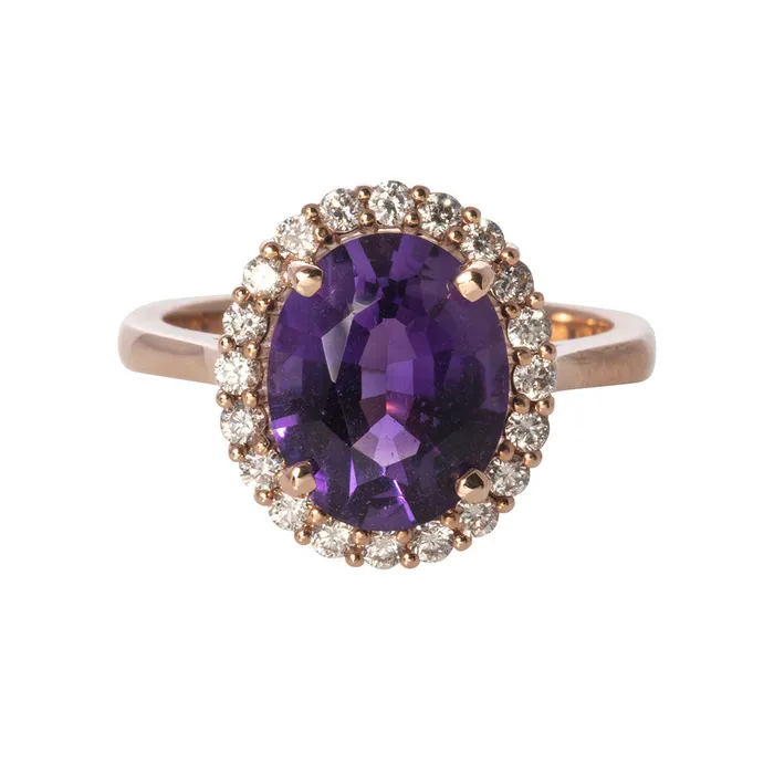 Oval Amethyst Diamond Halo 14K Rose Gold Ring Croghans Rings