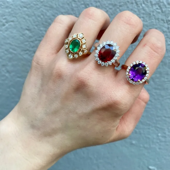 Oval Amethyst Diamond Halo 14K Rose Gold Ring Croghans Rings