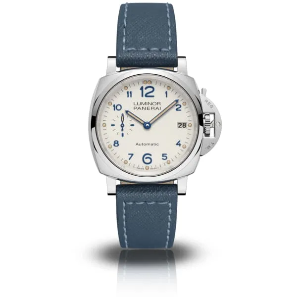 Panerai Watches Panerai Luminor 38mm Watch Ref PAM00903 Ivory Arabic Dial Blue Calfskin Leather Strap Panerai Watches Panerai Luminor 38mm Watch Ref PAM00903 Ivory Arabic Dial Blue Calfskin Leather Strap