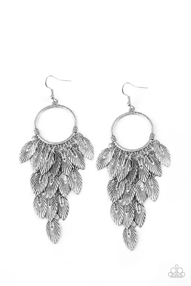 Paparazzi Earring Feather Frenzy Silver Paparazzi Jewelry Earrings