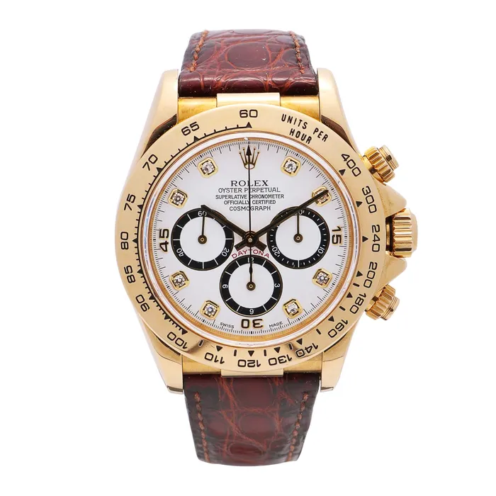 Preowned Rolex Rolex Daytona 18K Yellow Gold Brown Crocodile Chronograph 40mm Automatic Preowned PreStyled Sets Preowned Rolex Rolex Daytona 18K Yellow Gold Brown Crocodile Chronograph 40mm Automatic Preowned PreStyled Sets