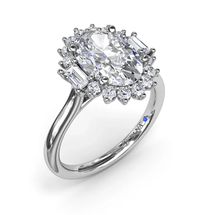 Rings Fana 14K White Gold Semi Mount Diamond Ring with Oval Halo with Round and Baguette Diamonds Rings Fana 14K White Gold Semi Mount Diamond Ring with Oval Halo with Round and Baguette Diamonds