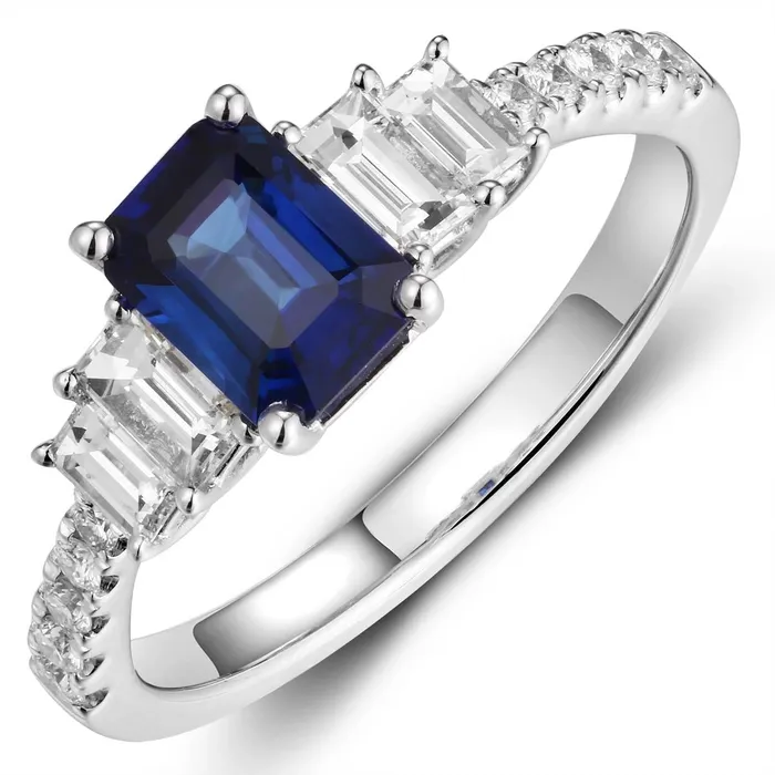 Rings Meierotto Jewelers 18K White Gold Emerald Cut Sapphire Ring with Baguette and Round Diamonds Rings Meierotto Jewelers 18K White Gold Emerald Cut Sapphire Ring with Baguette and Round Diamonds