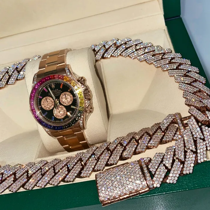 Rolex Bracelets Rolex Cosmograph Daytona 40mm Ref 116595RBOW Black Sapphire Rainbow Dial Bezel 18K Rose Gold Oyster Bracelet Mens Watch