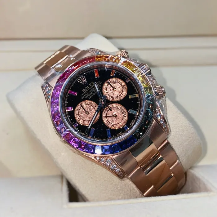 Rolex Bracelets Rolex Cosmograph Daytona 40mm Ref 116595RBOW Black Sapphire Rainbow Dial Bezel 18K Rose Gold Oyster Bracelet Mens Watch