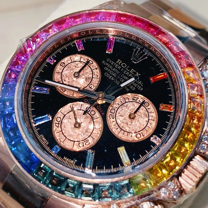 Rolex Bracelets Rolex Cosmograph Daytona 40mm Ref 116595RBOW Black Sapphire Rainbow Dial Bezel 18K Rose Gold Oyster Bracelet Mens Watch