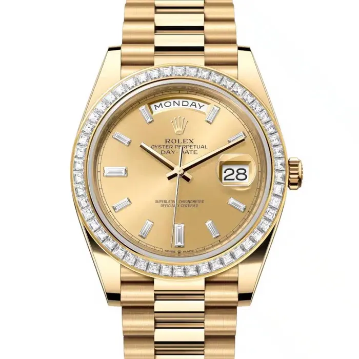 Rolex Bracelets Rolex Day Date 40mm Ref 228398tbr0002 Champagne Diamond Dial Diamond Bezel 18K Yellow Gold President Bracelet Mens Watch
