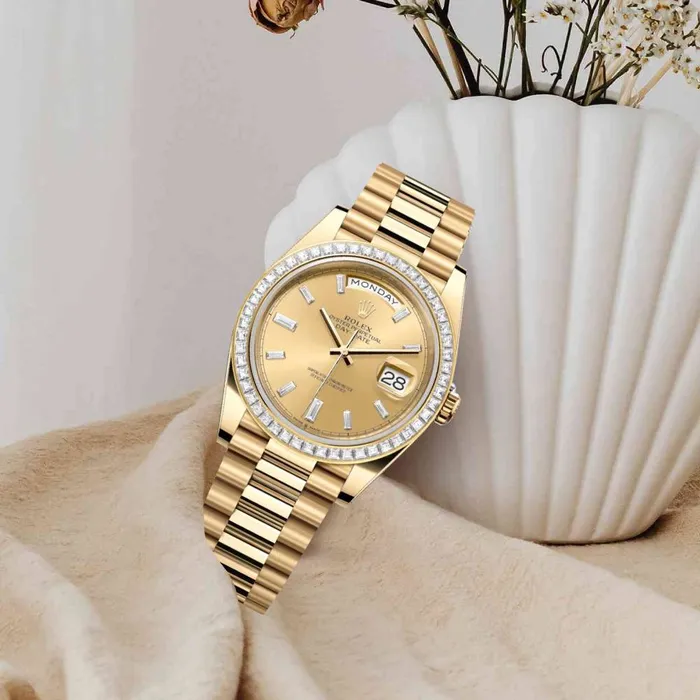 Rolex Bracelets Rolex Day Date 40mm Ref 228398tbr0002 Champagne Diamond Dial Diamond Bezel 18K Yellow Gold President Bracelet Mens Watch
