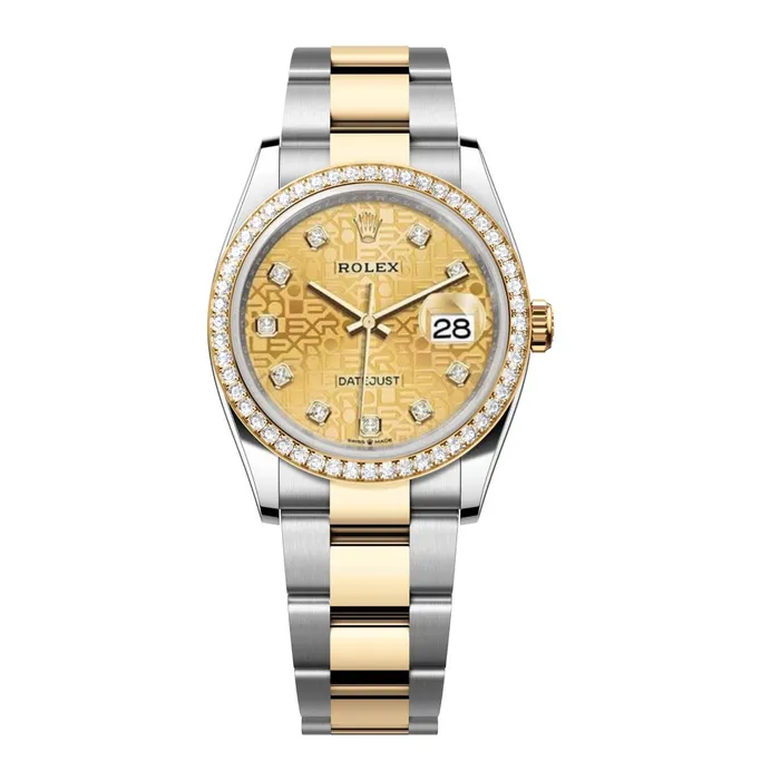 Rolex Datejust 36mm Ref 126283rbr0020 Champagne Jubilee Diamond Dial Diamond Bezel Two Tone Stainless Steel 18K Yellow Gold Oyster Bracelet Watch Rolex Bracelets