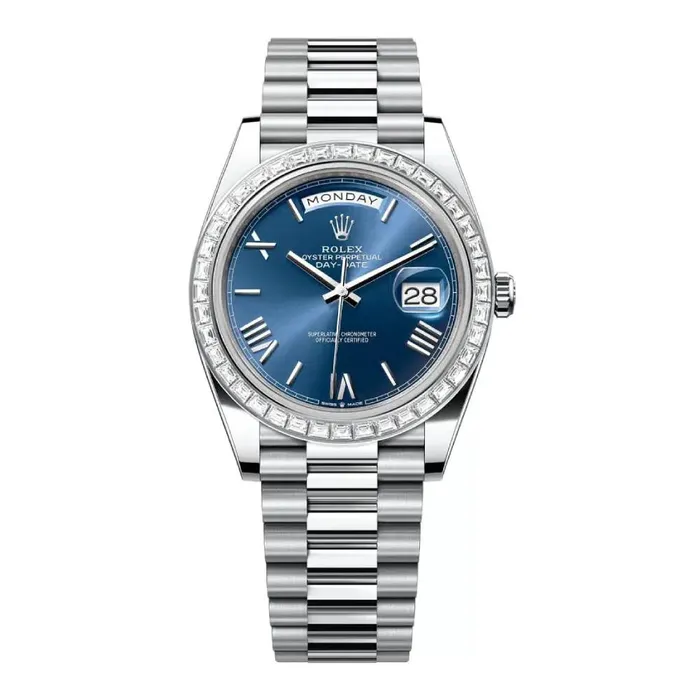 Rolex Day Date 40mm Ref 228396tbr0026 Blue Roman Dial Diamond Bezel Platinum President Bracelet Mens Watch Rolex Bracelets Rolex Day Date 40mm Ref 228396tbr0026 Blue Roman Dial Diamond Bezel Platinum President Bracelet Mens Watch Rolex Bracelets