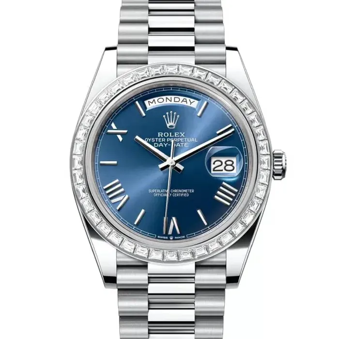 Rolex Day Date 40mm Ref 228396tbr0026 Blue Roman Dial Diamond Bezel Platinum President Bracelet Mens Watch Rolex Bracelets