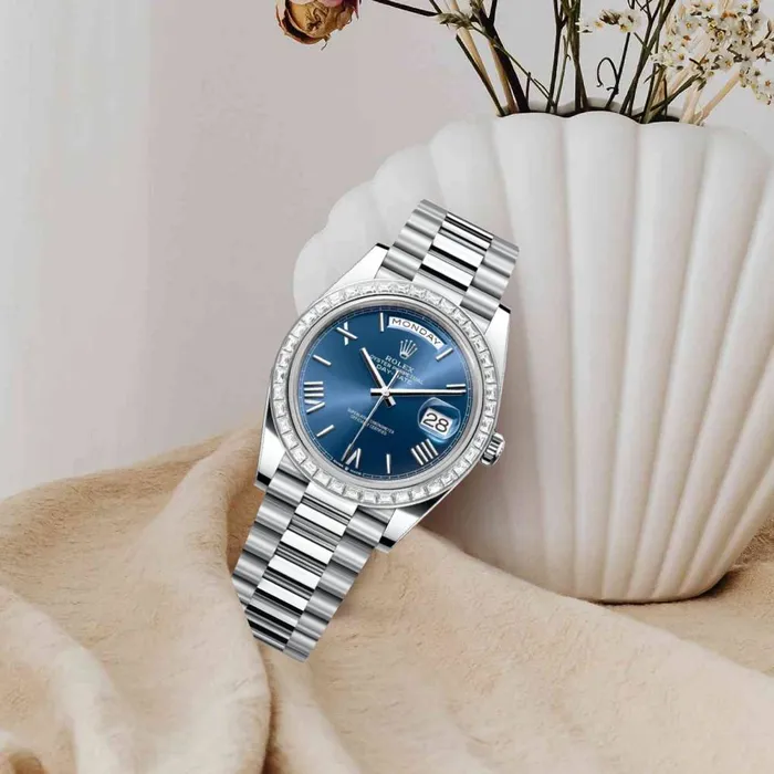 Rolex Day Date 40mm Ref 228396tbr0026 Blue Roman Dial Diamond Bezel Platinum President Bracelet Mens Watch Rolex Bracelets