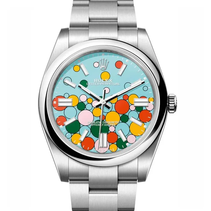 Rolex Oyster Perpetual Bubbles 41mm Ref 124300 Turquoise Blue Celebration Motif Dial Stainless Steel Oyster Bracelet Mens Watch Rolex Bracelets