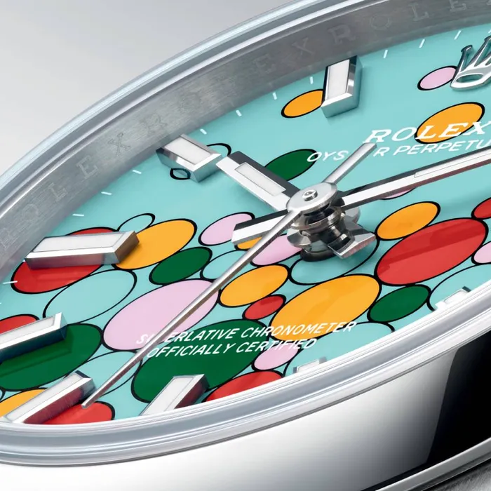 Rolex Oyster Perpetual Bubbles 41mm Ref 124300 Turquoise Blue Celebration Motif Dial Stainless Steel Oyster Bracelet Mens Watch Rolex Bracelets