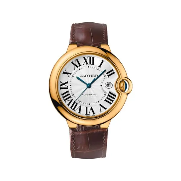 Watches Cartier Cartier Ballon Bleu de Cartier 42mm Watch Ref W6900551 Silver Roman Dial in 18K Yellow Gold Case Brown Leather Strap Watches Cartier Cartier Ballon Bleu de Cartier 42mm Watch Ref W6900551 Silver Roman Dial in 18K Yellow Gold Case Brown Leather Strap