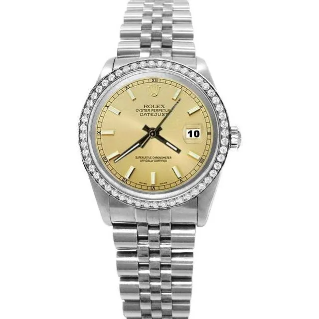 Champagne Stick Dial Rolex Date Just Ss Diamond Bezel Watch QUICK SET GB Watches