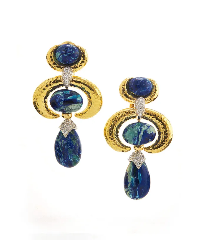 David Webb Earrings Double Crescent Pear Drop Earrings Azurmalachite