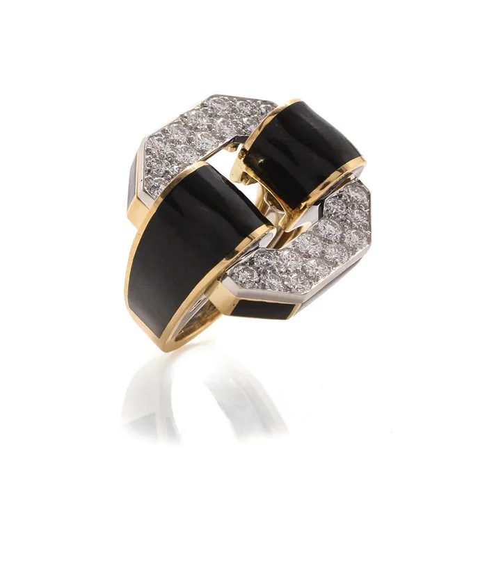 David Webb Rings Small Octagonal Buckle Ring Black Enamel