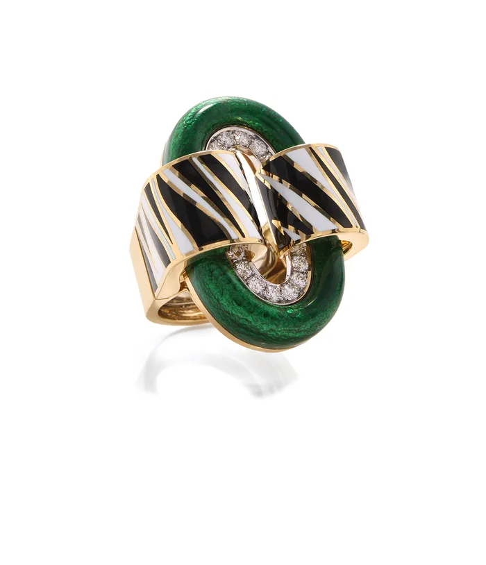 David Webb Zebra Stripe Oval Buckle Ring Green Enamel Rings