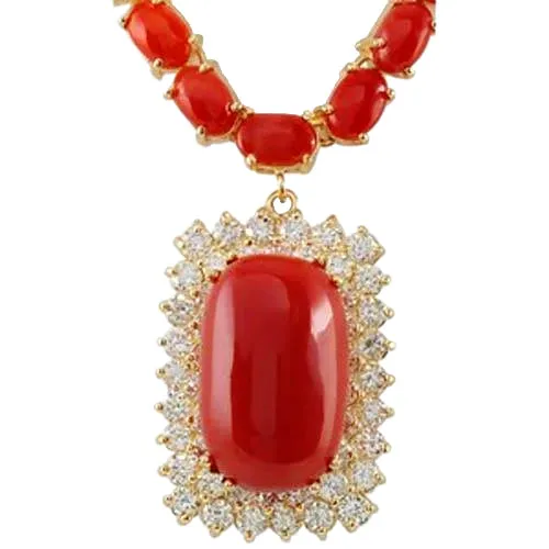GB Necklaces 14K Yellow Gold 5075 Ct Red Coral With Natural Earth Mined Diamonds Women Necklace GB Necklaces 14K Yellow Gold 5075 Ct Red Coral With Natural Earth Mined Diamonds Women Necklace