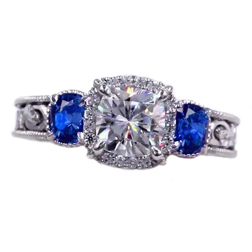 GB Rings Blue Sapphire Milligrain Ring Antique Style Pattern 3 Carats GB Rings Blue Sapphire Milligrain Ring Antique Style Pattern 3 Carats