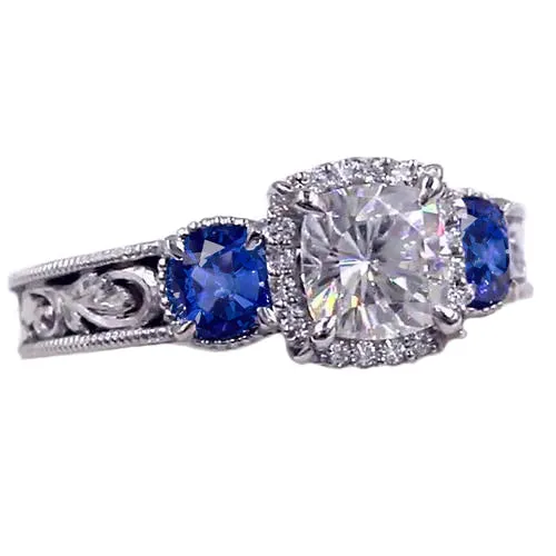 GB Rings Blue Sapphire Milligrain Ring Antique Style Pattern 3 Carats GB Rings Blue Sapphire Milligrain Ring Antique Style Pattern 3 Carats