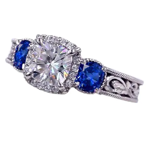 GB Rings Blue Sapphire Milligrain Ring Antique Style Pattern 3 Carats GB Rings Blue Sapphire Milligrain Ring Antique Style Pattern 3 Carats