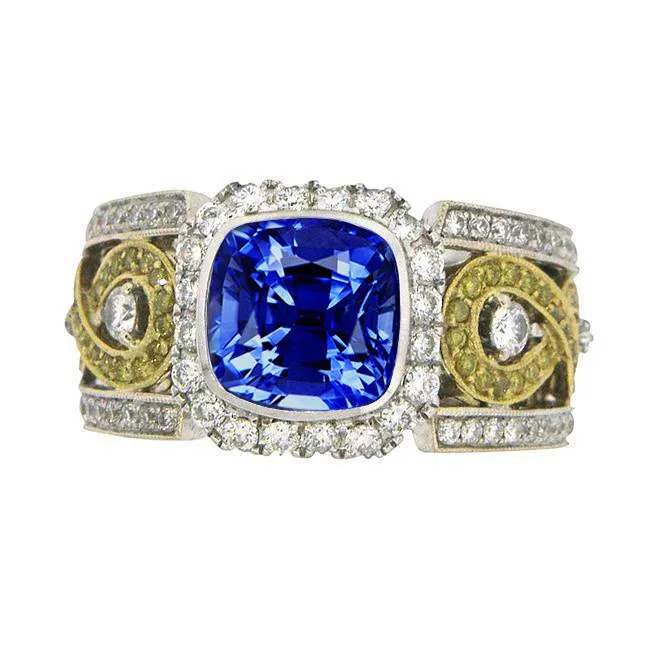 GB Rings Sri Lanka Blue Sapphire Cushion Natural Earth Mined Diamonds Ring 325 Carats Two Tone 14K GB Rings Sri Lanka Blue Sapphire Cushion Natural Earth Mined Diamonds Ring 325 Carats Two Tone 14K