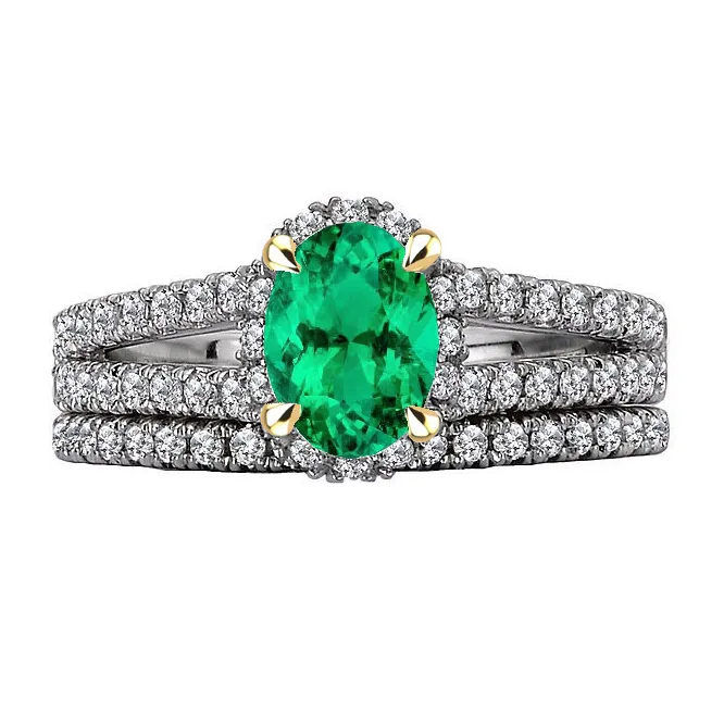 HarryChadEntcom Rings Oval Green Emerald Diamond Bridal Ring Set Gemstone