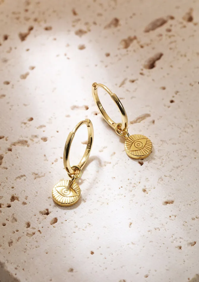Hey Happiness Earrings Evil Eye Charm Hoop Earrings Sterling Silver Gold